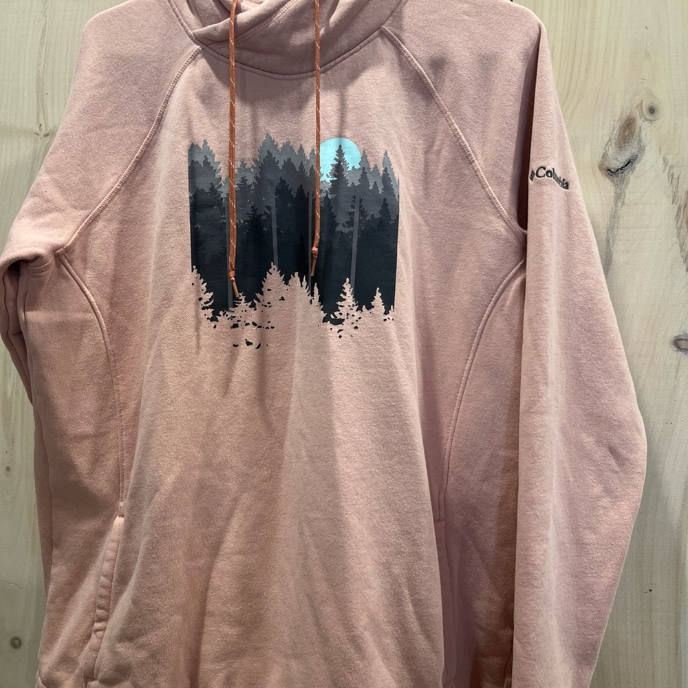 Columbia Blush Pink Hoodie Sweatshirt Forest Screen Print Womens Sz large - Picture 7 of 7